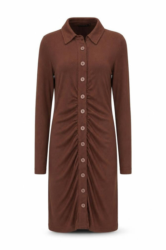 Stradivarius Women Brown Collared Ruched Button Stretch Shirt Dress Size 8