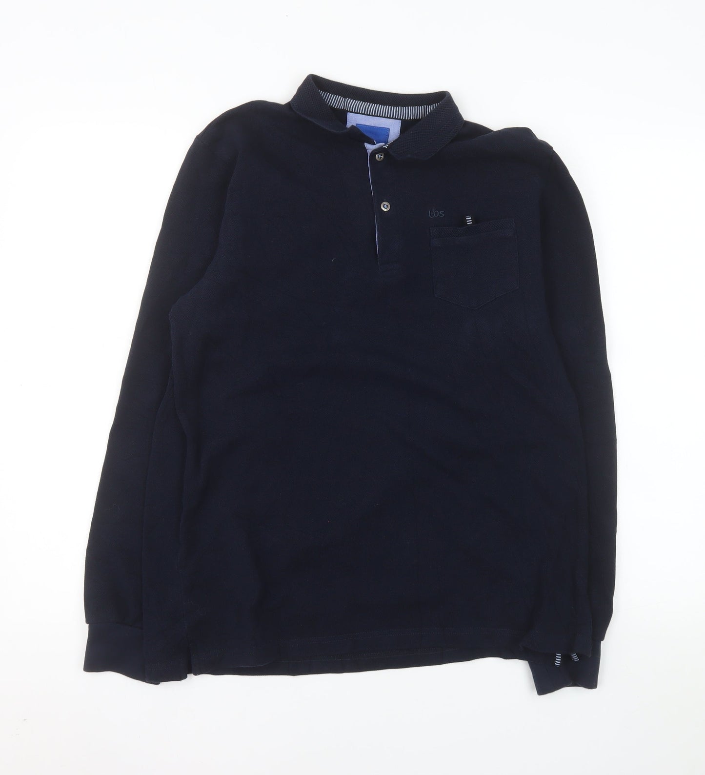 tbs Men's Blue Long Sleeve Cotton Polo Shirt Size L