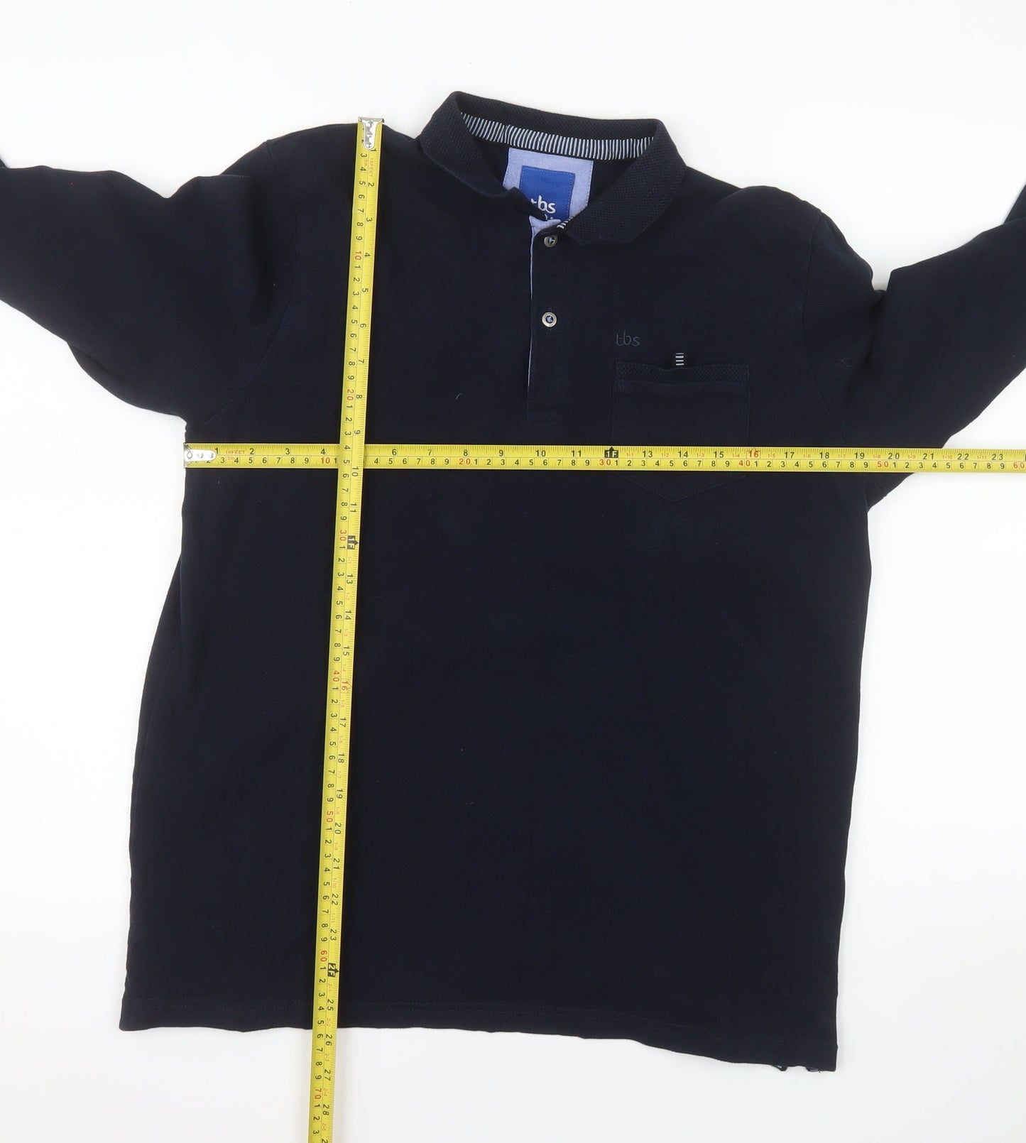tbs Men's Blue Long Sleeve Cotton Polo Shirt Size L