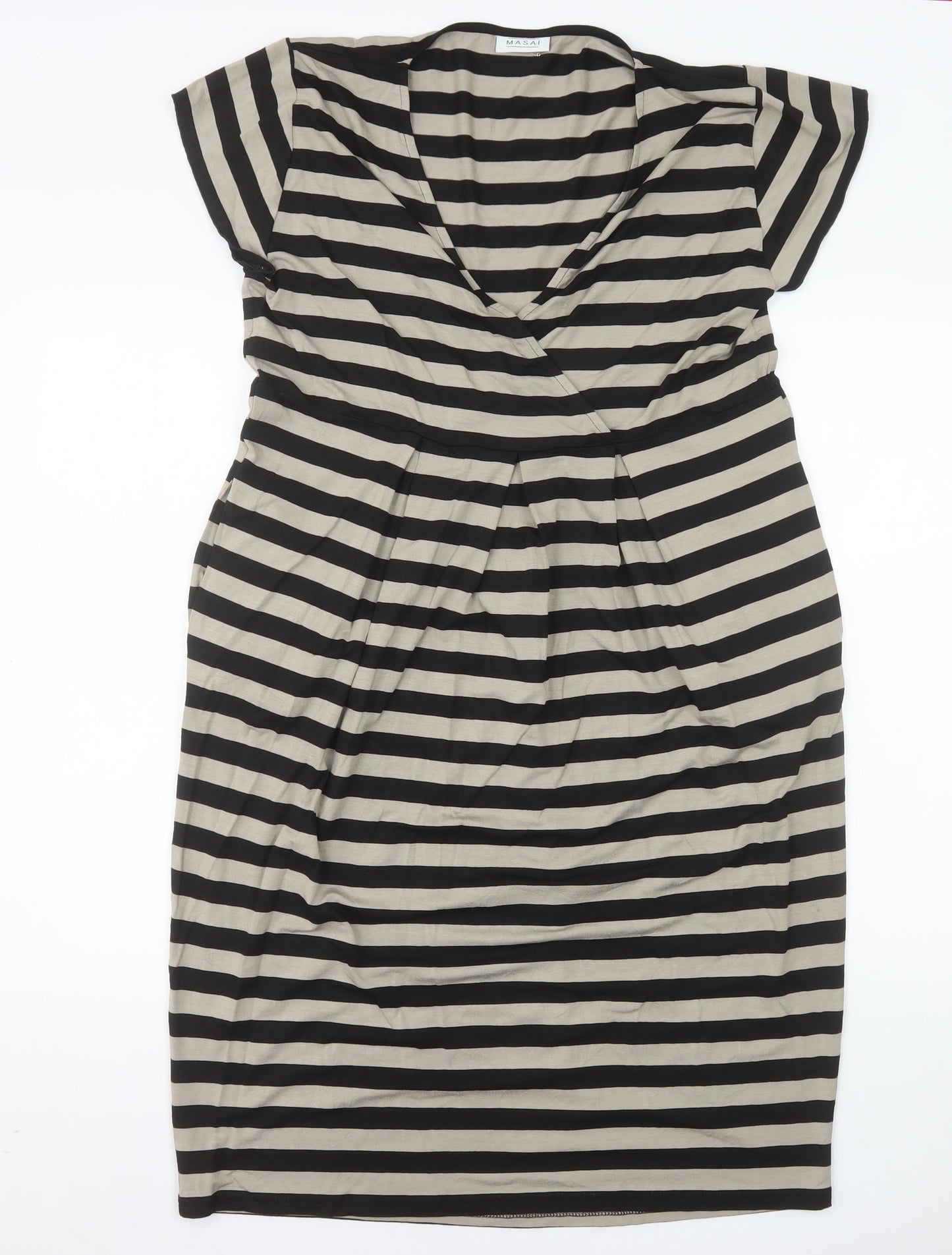 Masai Women Black Striped XL Shift V-Neck Jersey Dress