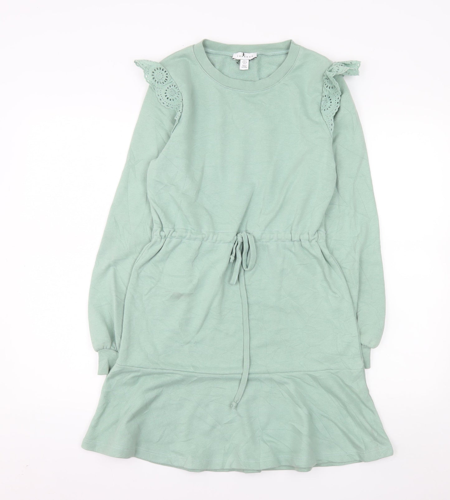 Topshop Women's Green Fit & Flare Long Sleeve Short Dress Size 4