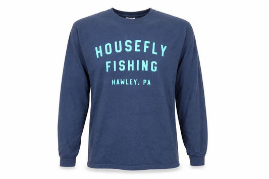 Front view of Comfort Colors Men's Blue Long Sleeve 'Housefly Fishing' Relaxed Fit Top, size L