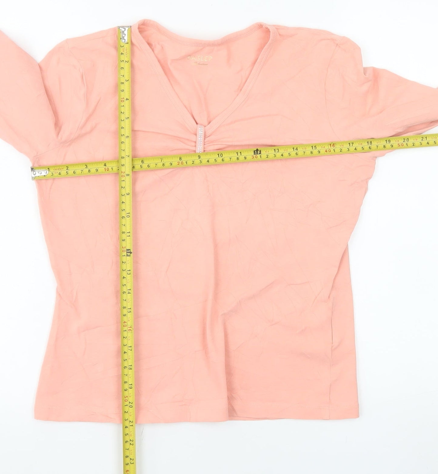 Basler Women Pink V-Neck 3/4 Sleeve Stretch Cotton T-Shirt Size 12