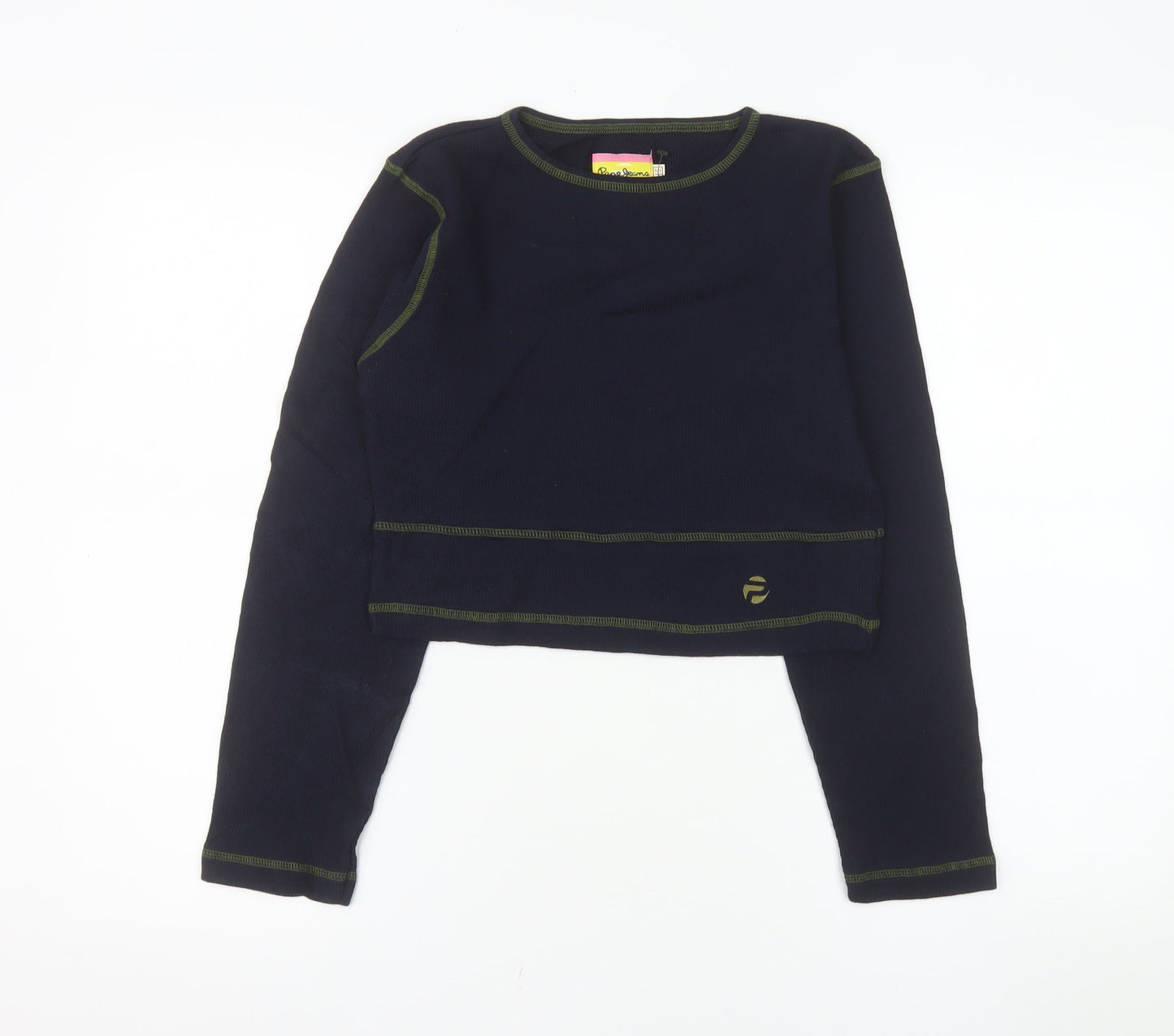 Pepe Jeans Womens Blue Cropped Long Sleeve Crew Neck Cotton T-Shirt M