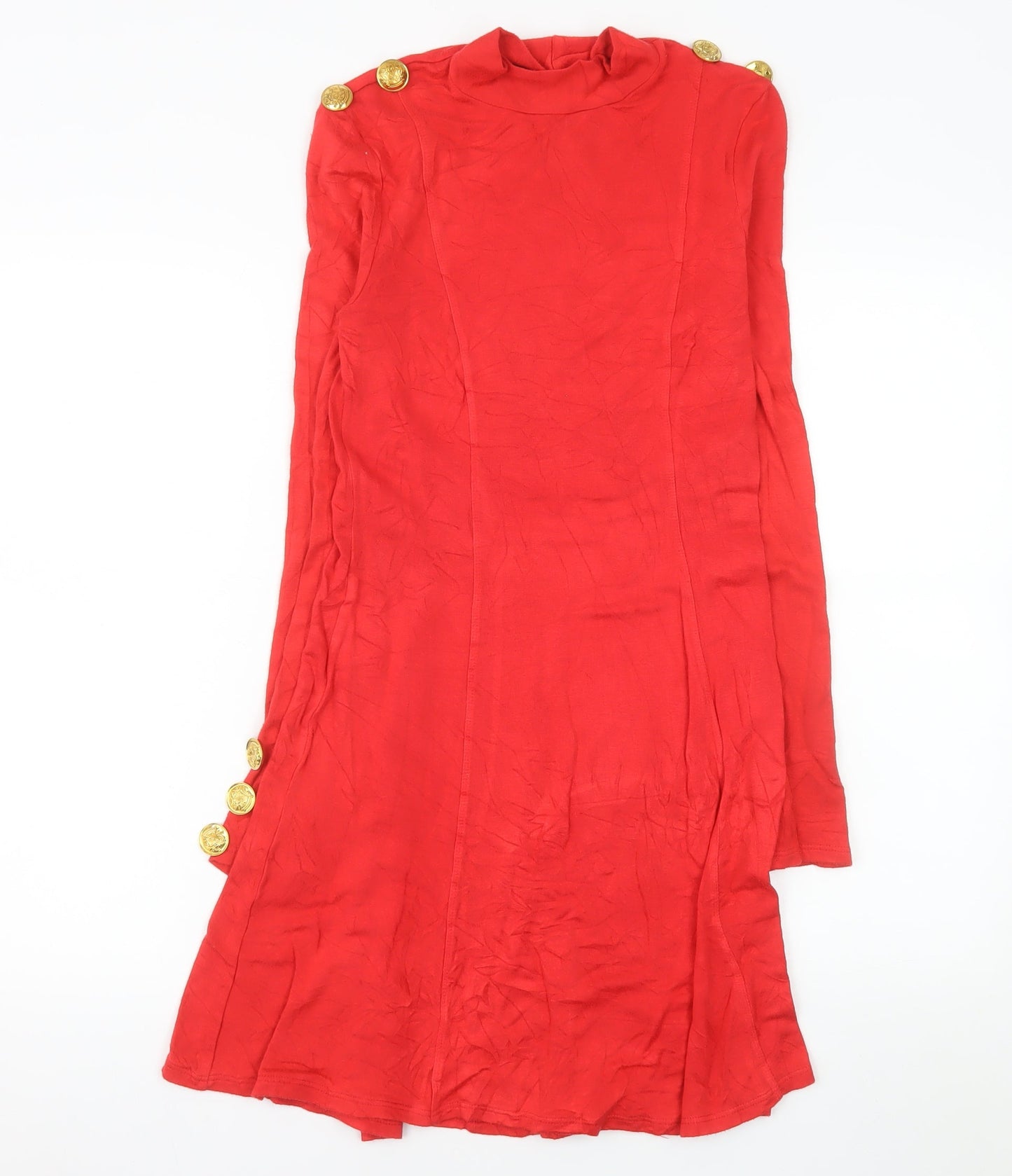 Next Women Red Knee Length Shift Dress Size 8 Long Sleeve Button Detail