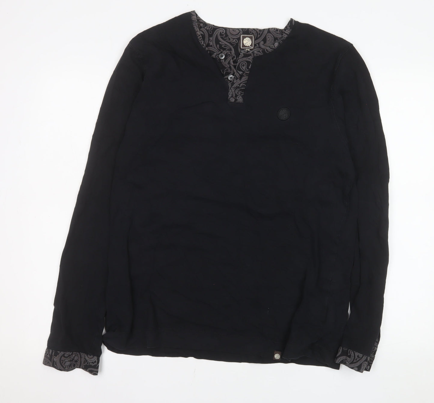 Pretty Green Men's Black Cotton Long Sleeve Henley Shirt M