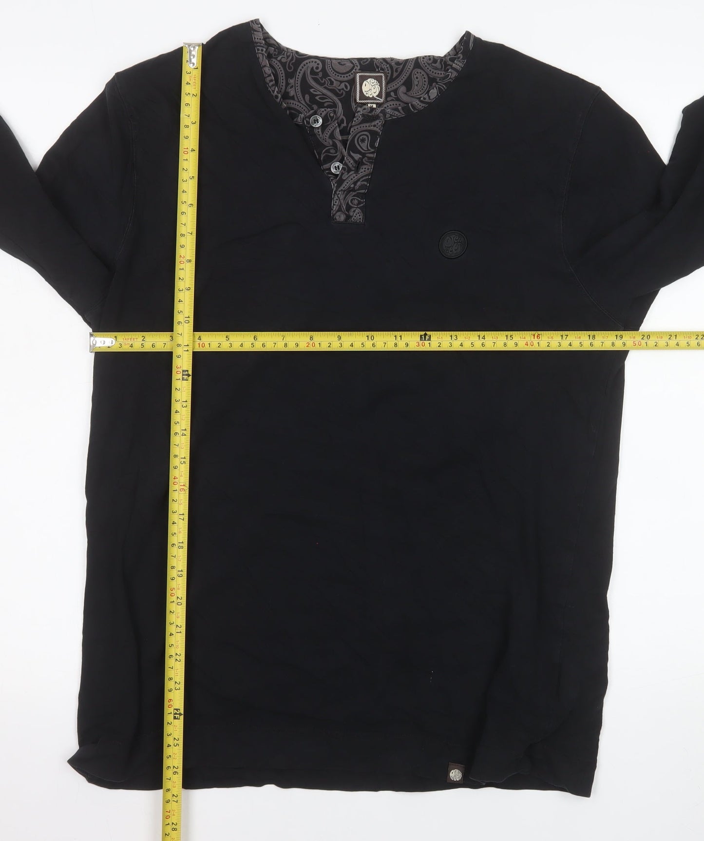 Pretty Green Men's Black Cotton Long Sleeve Henley Shirt M