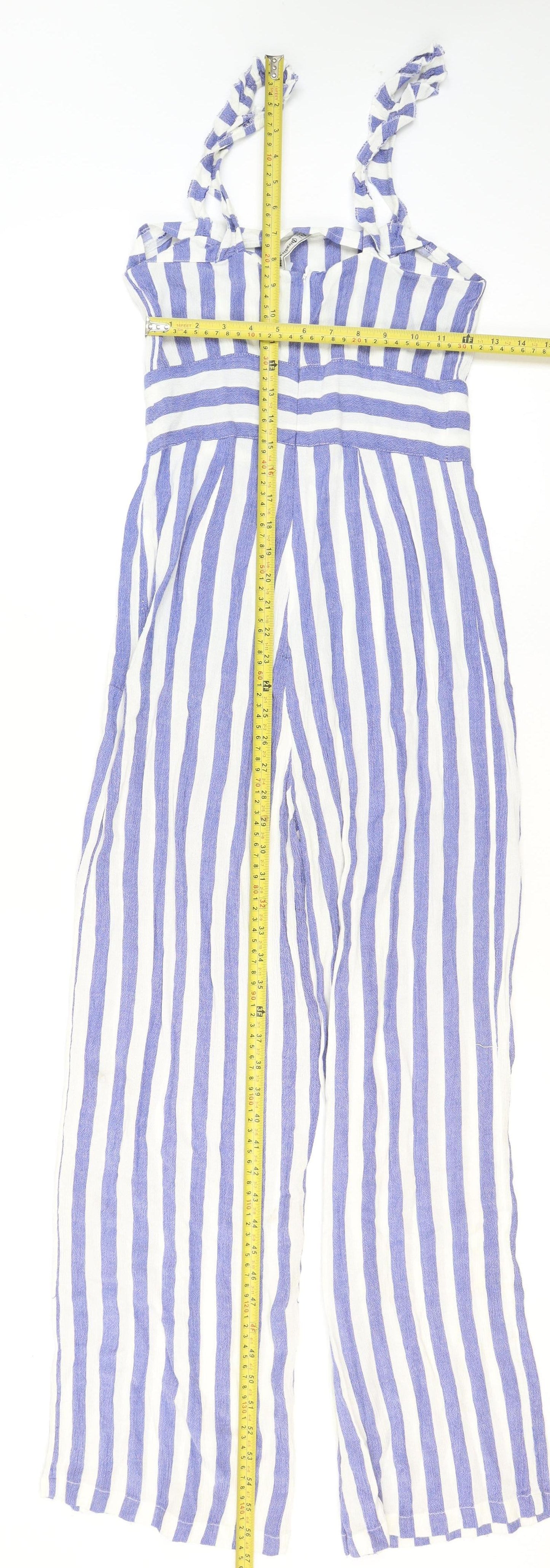 Stradivarius Women Blue White Striped Viscose Wide-Leg Jumpsuit Size 8