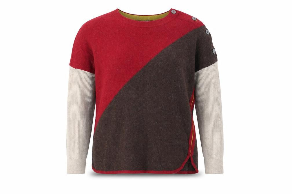 Yarra Stuff Womens Red Brown Beige Colour Block Wool Blend Jumper Size 14