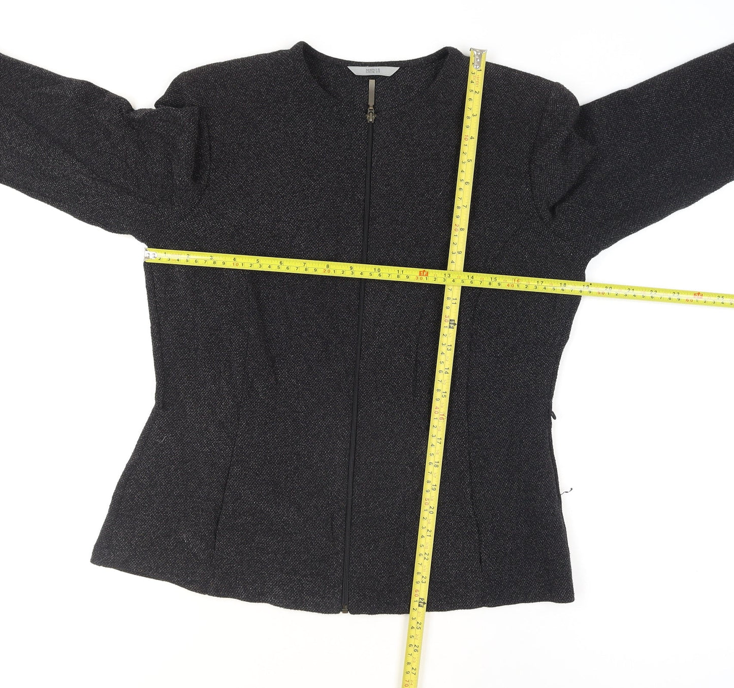 Marks and Spencer Women Black Size 14 Tweed Zip Suit Jacket