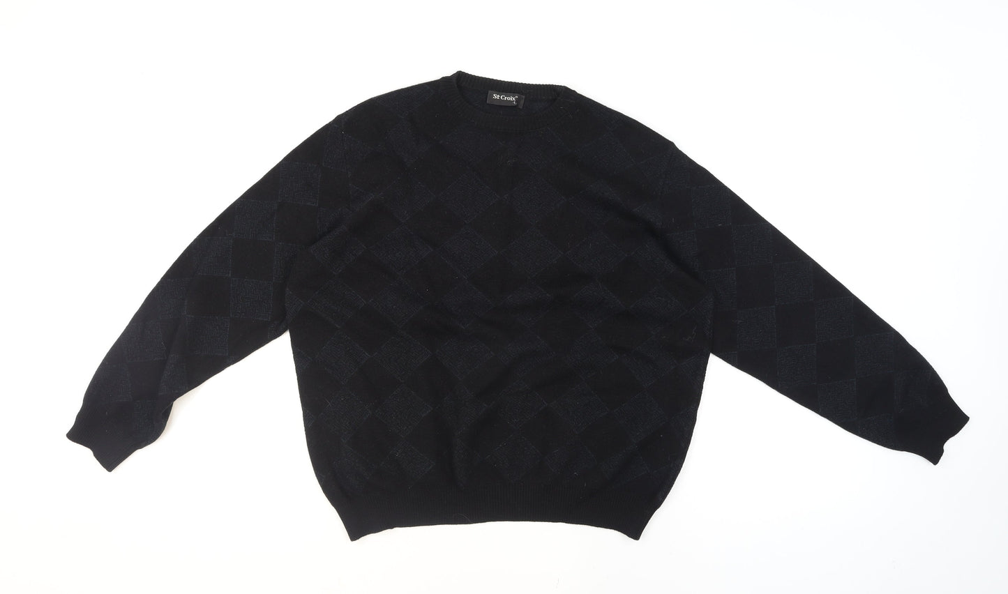 St. Croix Mens Black Wool Argyle Crew Neck Pullover Jumper L