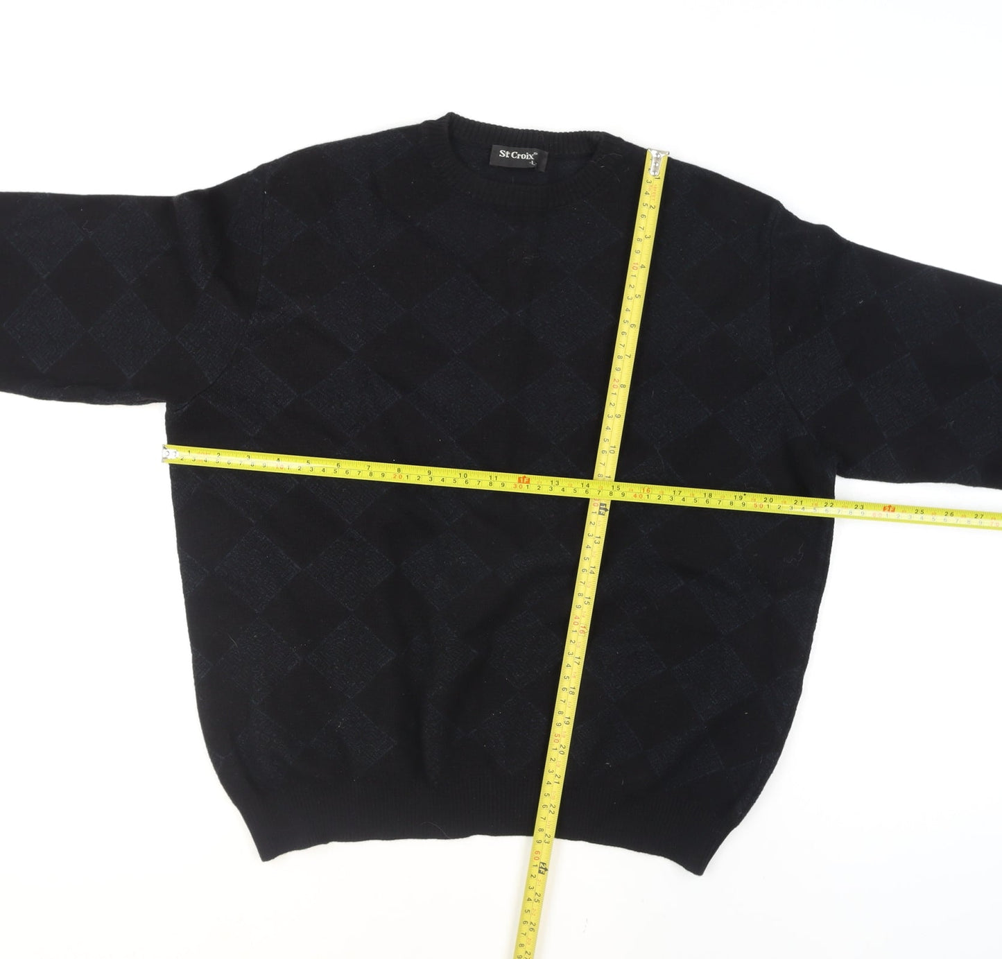 St. Croix Mens Black Wool Argyle Crew Neck Pullover Jumper L