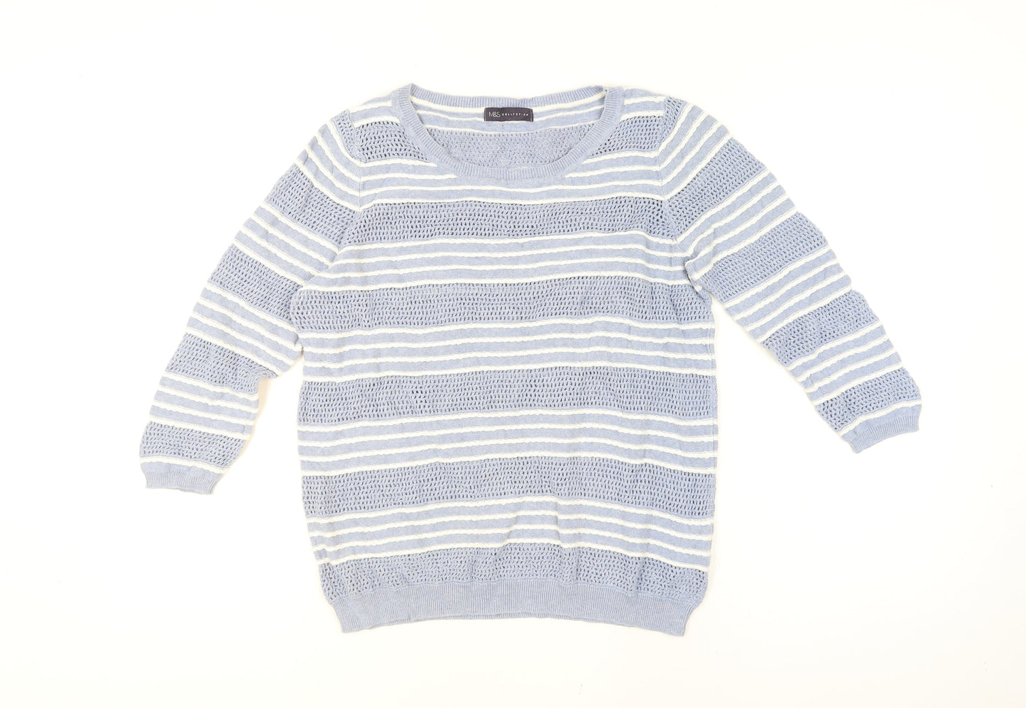 Marks and Spencer Women Blue Striped Cotton Open-Knit Jumper Size 16