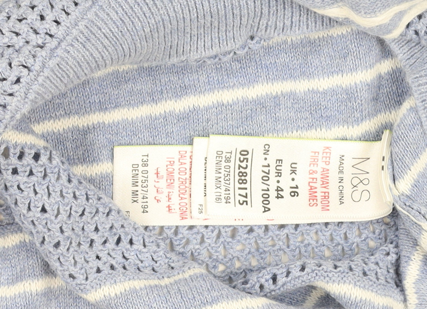 Marks and Spencer Women Blue Striped Cotton Open-Knit Jumper Size 16