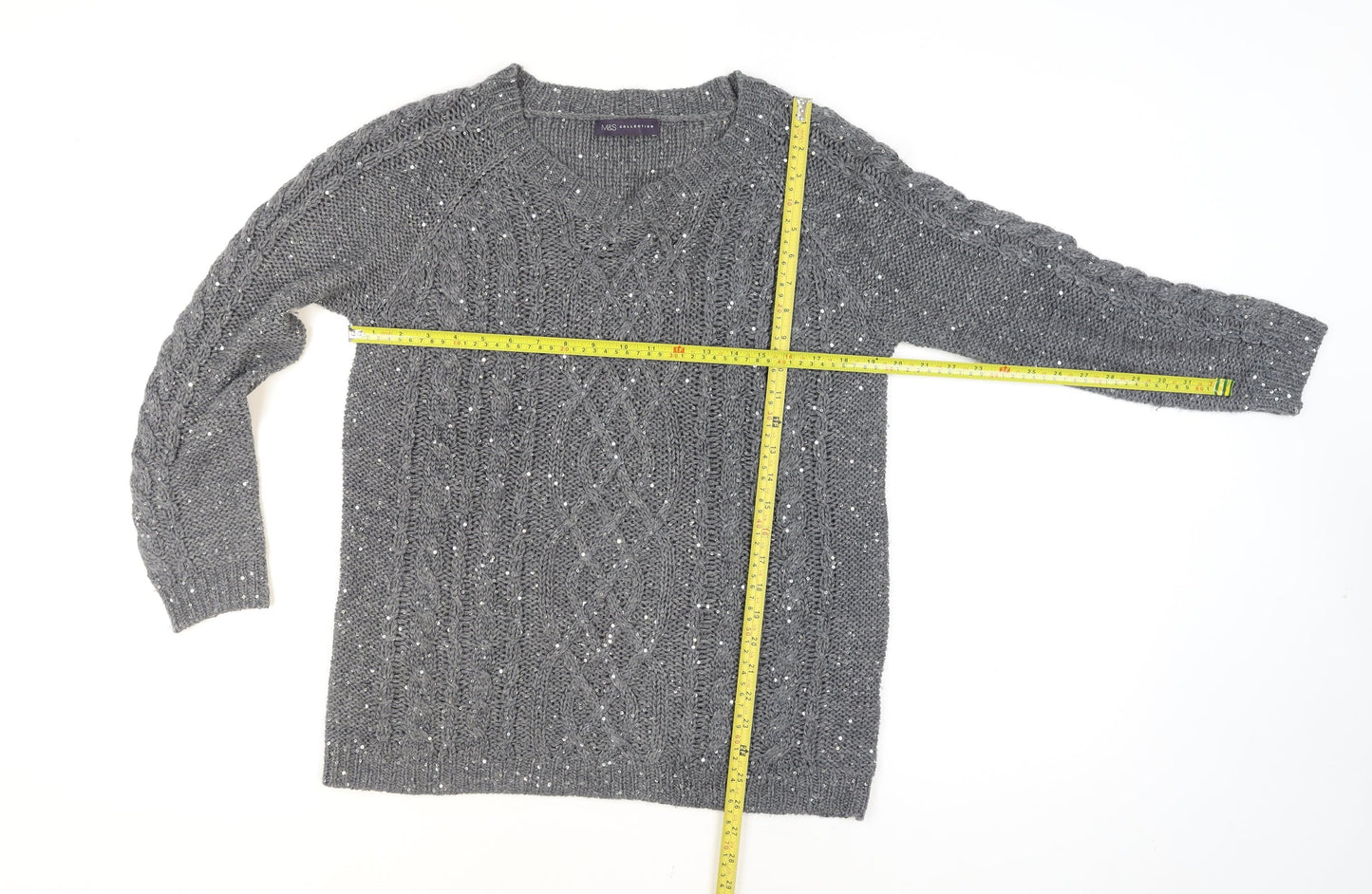 Marks and Spencer Women’s Grey Sequin Cable-Knit Jumper Size 16