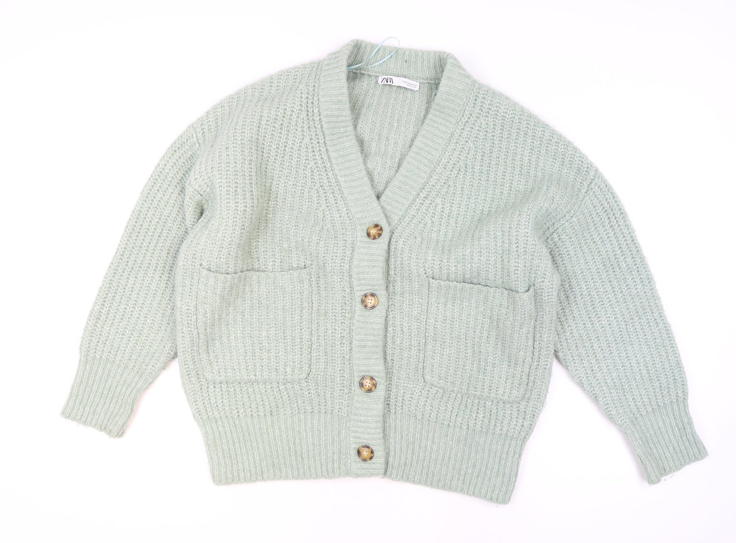Zara Women Green Knit Chunky V-Neck Cardigan Size M