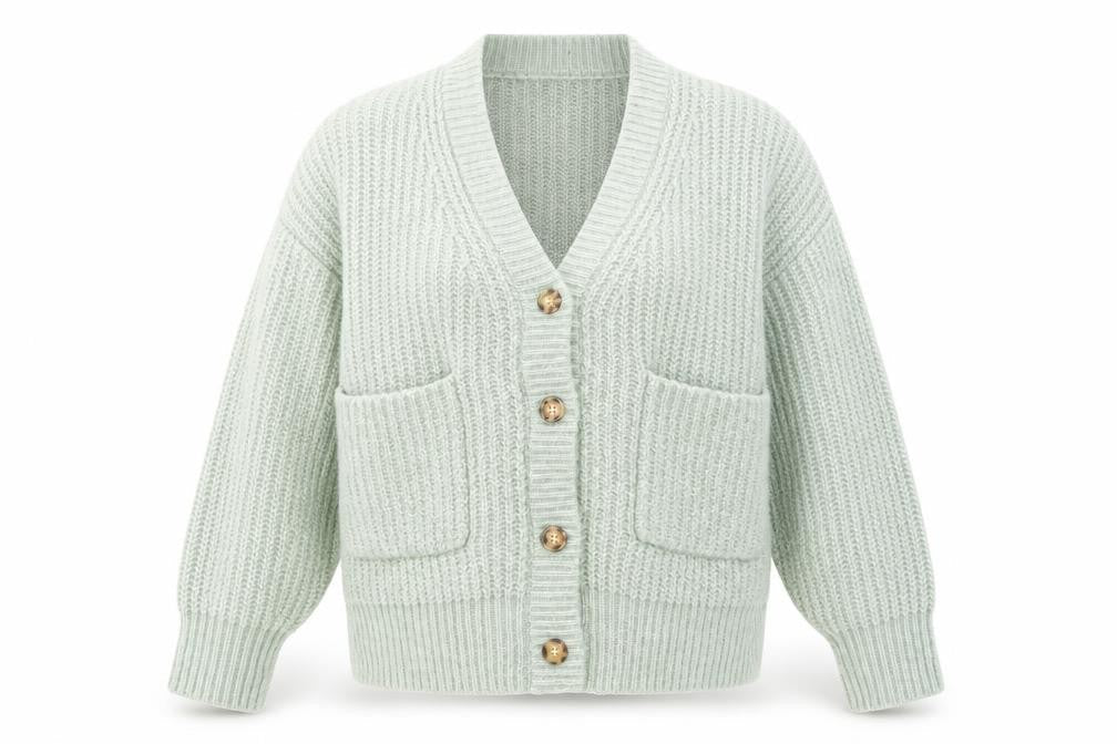Zara Women Green Knit Chunky V-Neck Cardigan Size M