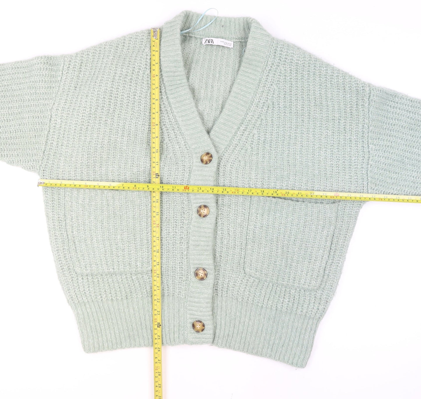 Zara Women Green Knit Chunky V-Neck Cardigan Size M
