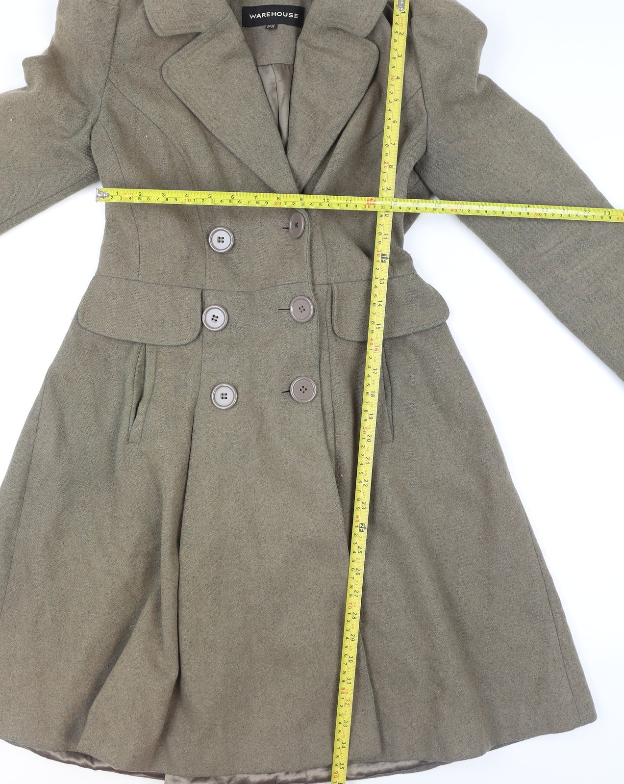 Warehouse Women's Brown Wool Trench Coat UK 12 Long Sleeve Belted