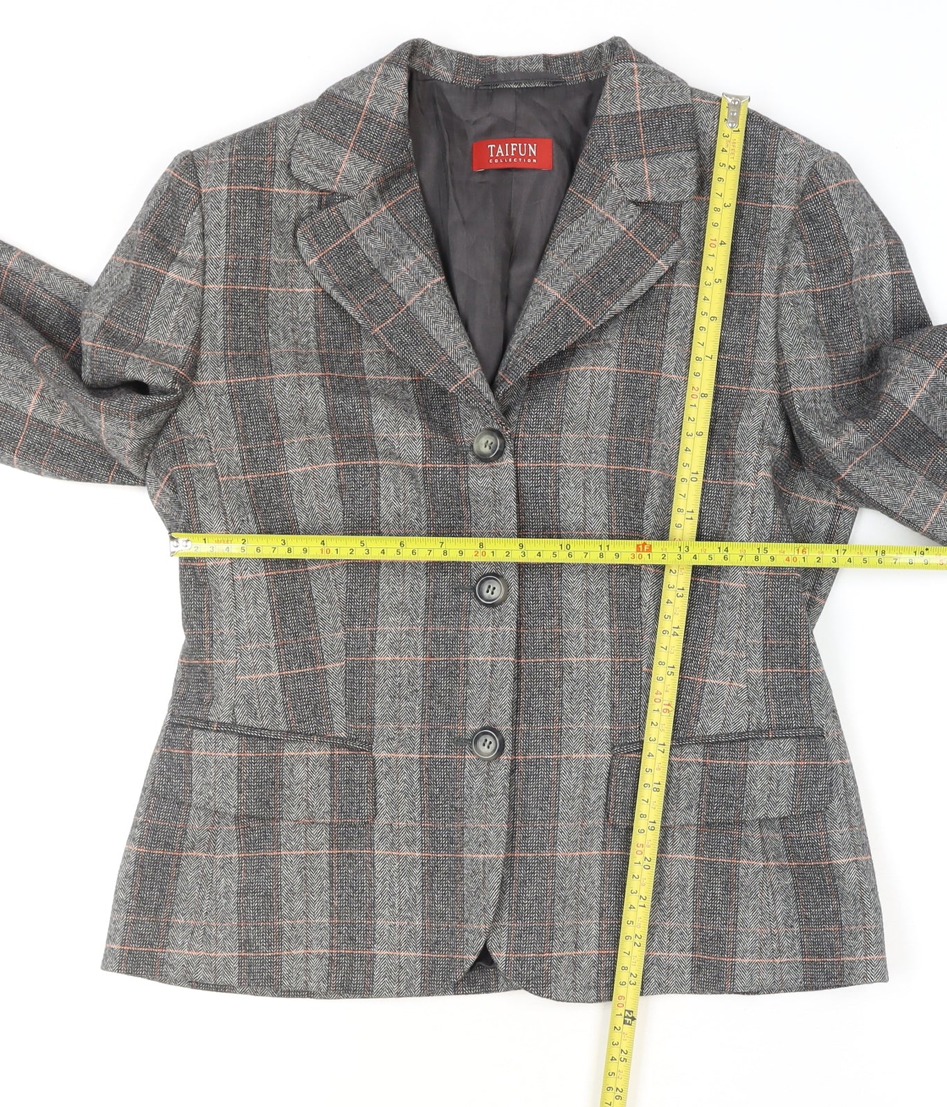 Taifun Women Grey Check Wool Blend Blazer Jacket Size 14