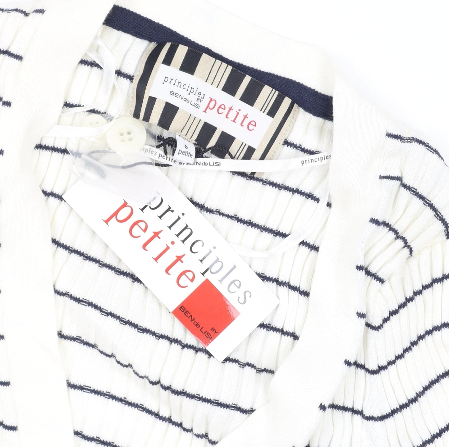 Principles Petite by Ben de Lisi Women's White Striped Knit Button-Up Cardigan Size 6
