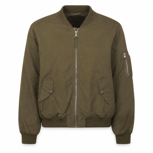 Front view of FB Sister Women's Green Bomber Jacket, size S, Casual Zip Short