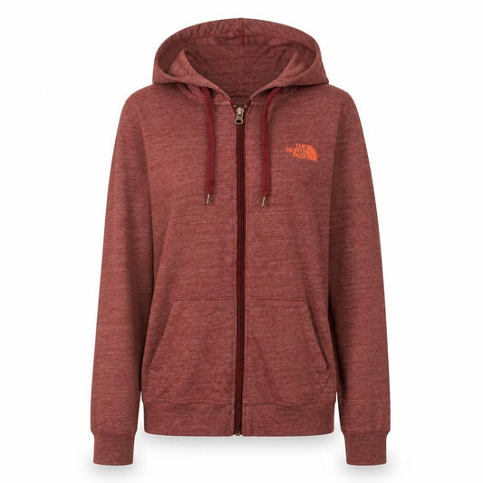 Front view of The North Face women’s red full zip hoodie, size M, standard fit