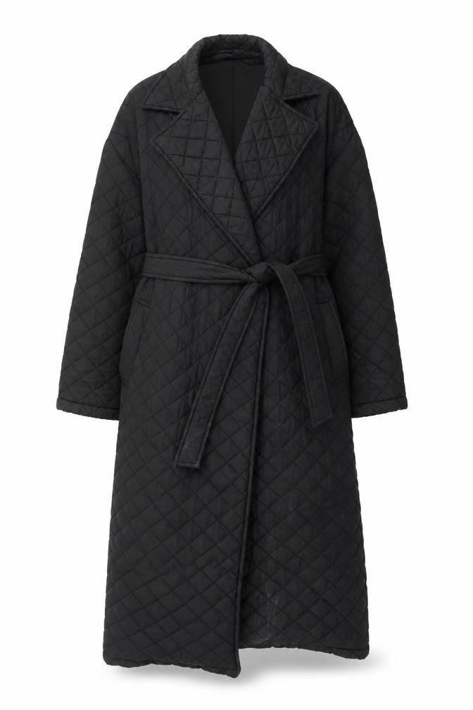 Urban Bliss Women Black Long Quilted Belted Coat UK 12