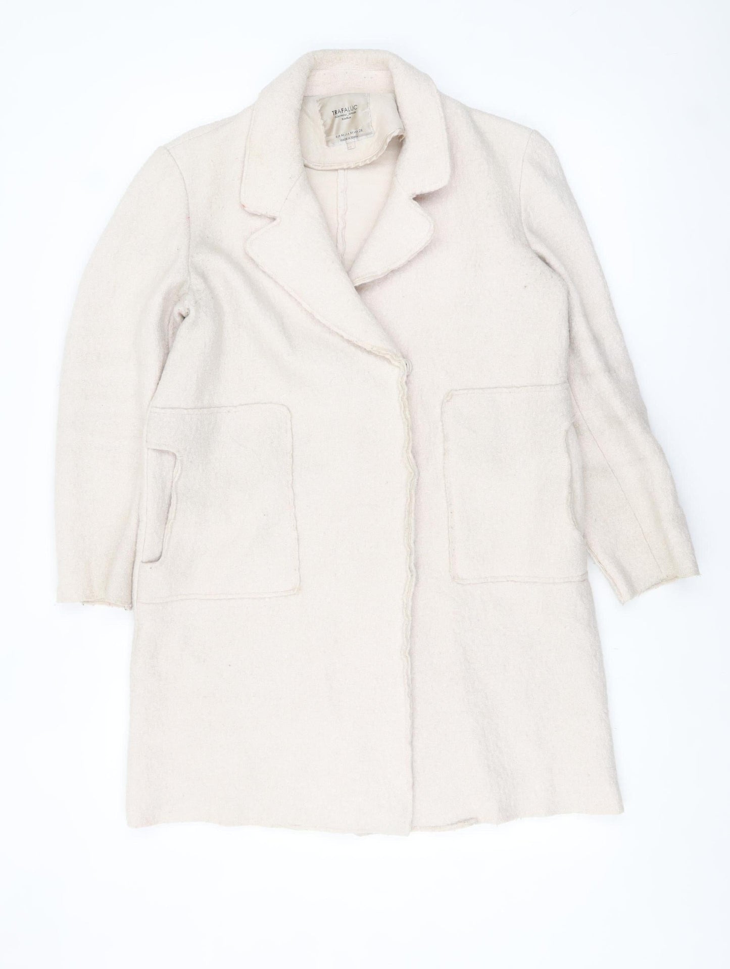 Zara Women Ivory Wool Blend Mid-Length Overcoat Size 12