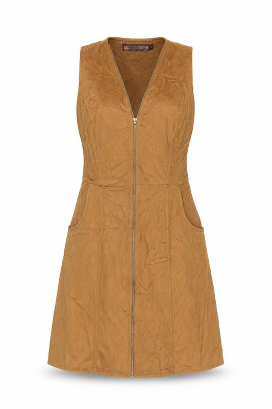 QED London Women's Brown Size 10 Suede Sleeveless Zip Pinafore Dress