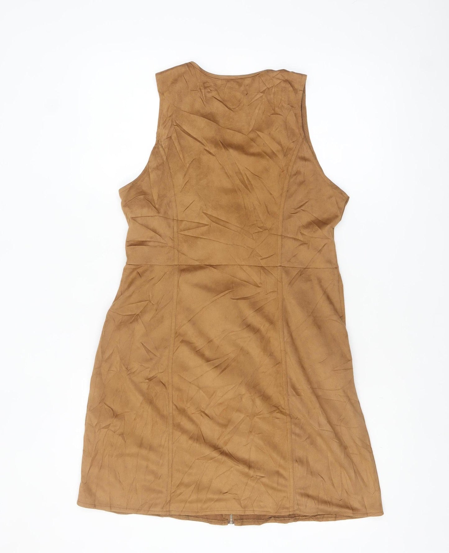 QED London Women's Brown Size 10 Suede Sleeveless Zip Pinafore Dress