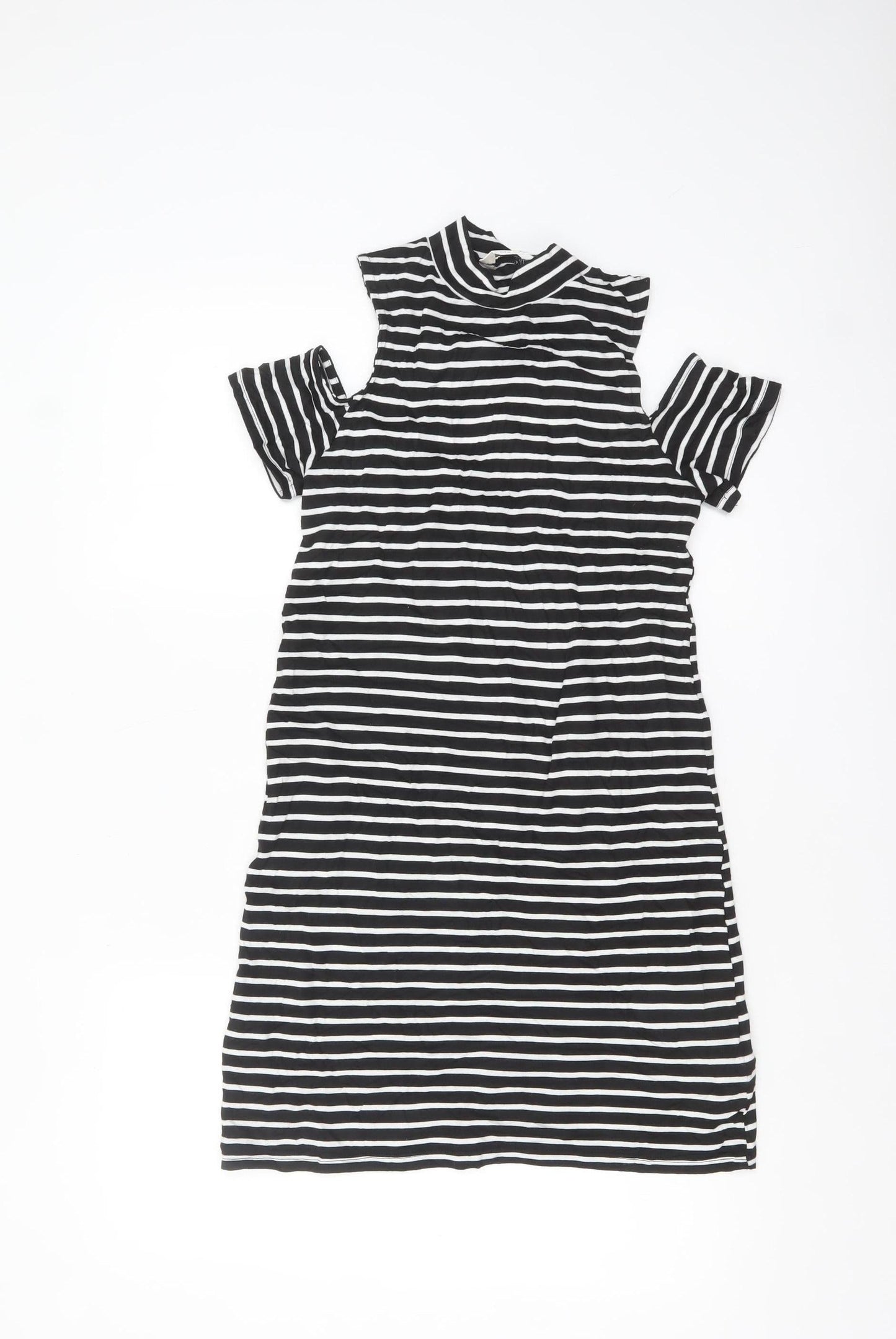 Miss Selfridge Women Black Striped Cold Shoulder Shift Dress Size 6