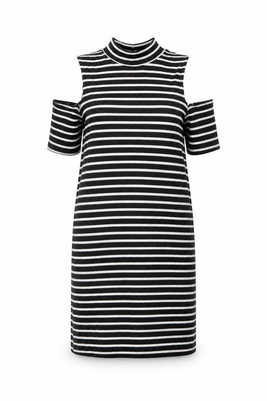 Miss Selfridge Women Black Striped Cold Shoulder Shift Dress Size 6