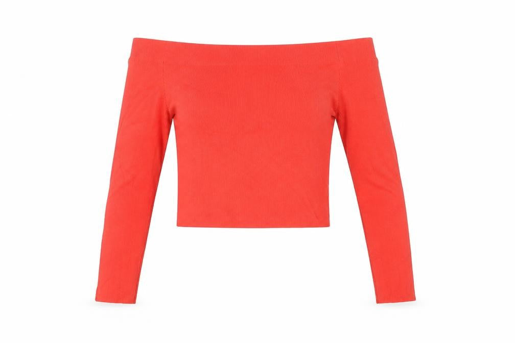 Topshop Women’s Red Off Shoulder Cropped Long Sleeve Top Size 8