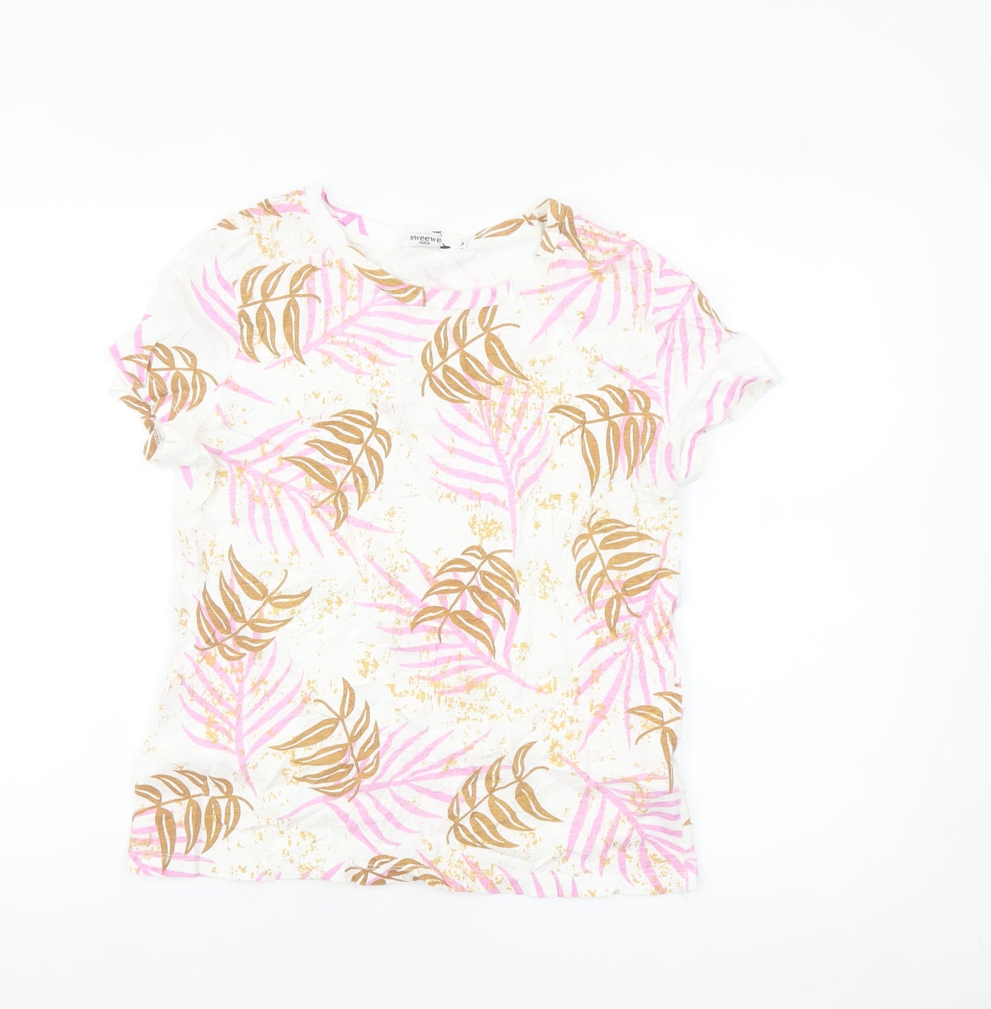 Sweewe Paris Women's White Pink Leaf Print Cotton T-Shirt Size M