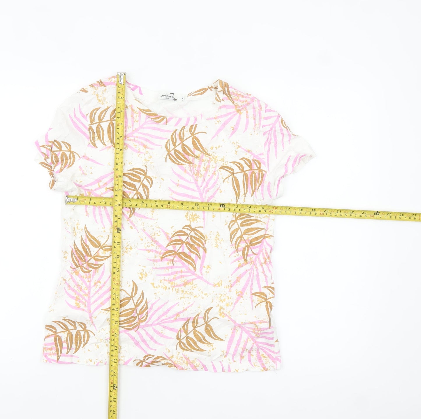 Sweewe Paris Women's White Pink Leaf Print Cotton T-Shirt Size M