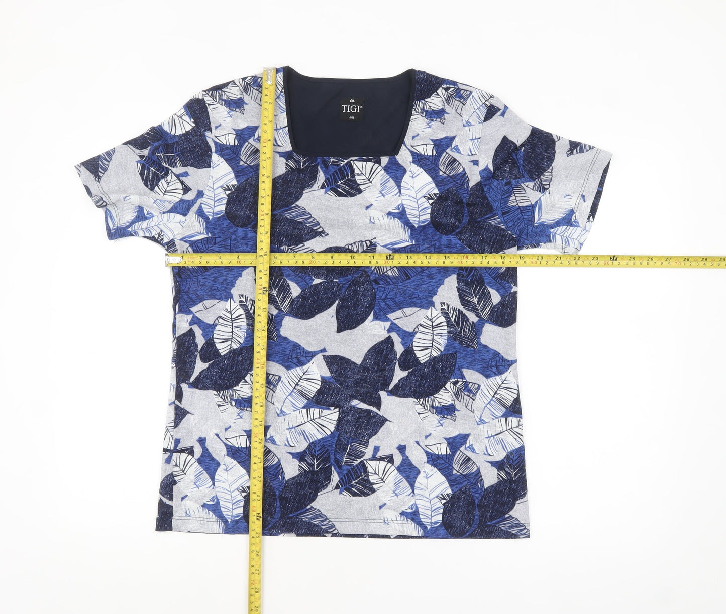 TIGI Womens Blue Floral Leaf Print Short Sleeve T-Shirt Size 14