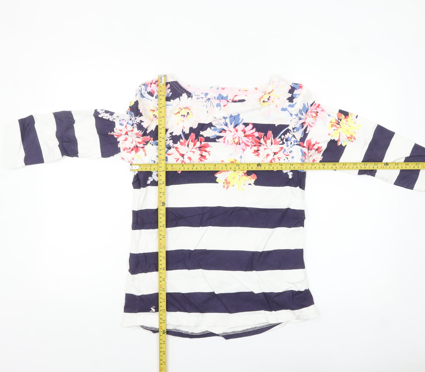 Joules Women’s Multicoloured Striped Floral 3/4 Sleeve Cotton T-Shirt Size 10