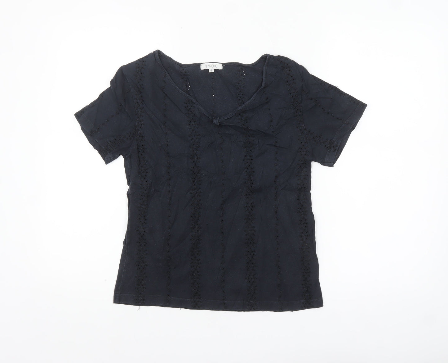 TWO:C Womens Black Embroidered Cotton Short Sleeve Blouse Size 6
