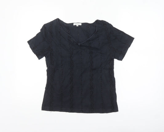 TWO:C Womens Black Embroidered Cotton Short Sleeve Blouse Size 6