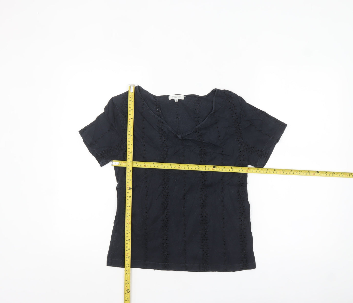 TWO:C Womens Black Embroidered Cotton Short Sleeve Blouse Size 6