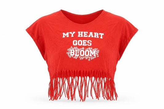 People Tree Women’s Red Cropped Fringe T-Shirt Size 8 V-Neck Organic Cotton