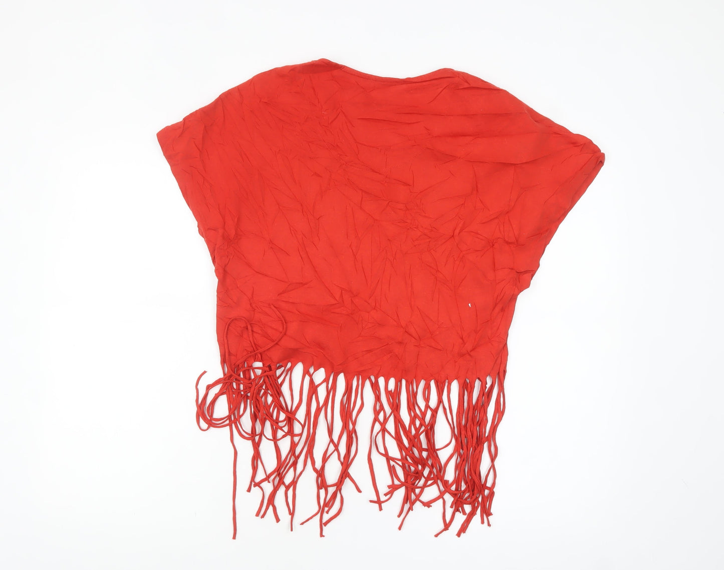 People Tree Women’s Red Cropped Fringe T-Shirt Size 8 V-Neck Organic Cotton