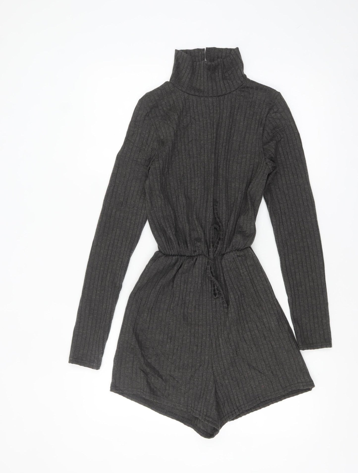 Missguided Women Grey Ribbed High Neck Long Sleeve Playsuit Size 8