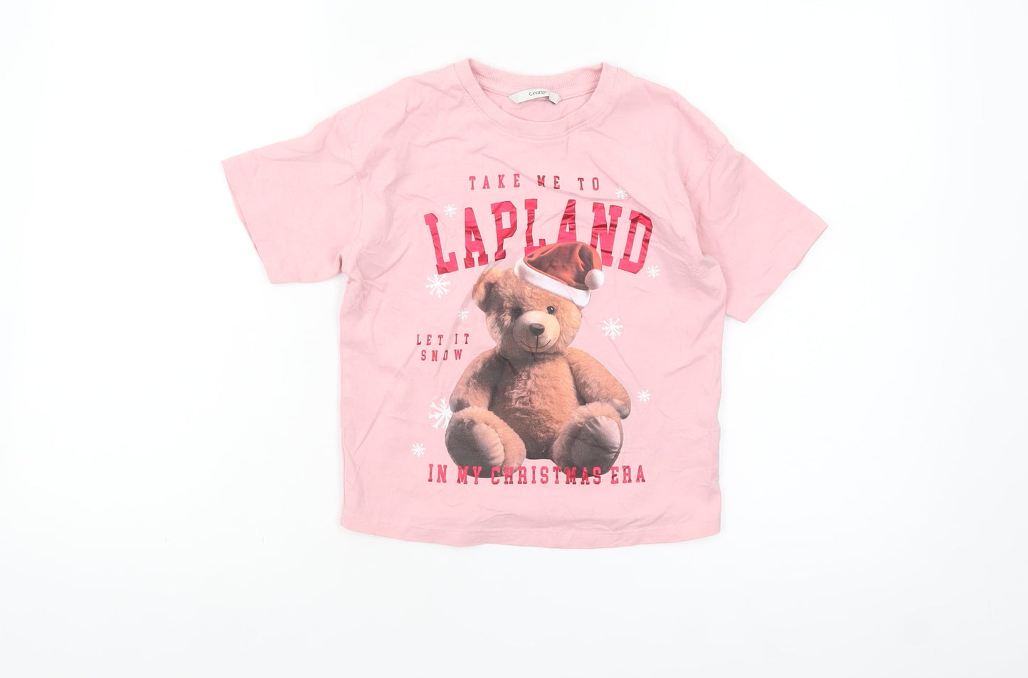 George Girls Pink Teddy Bear Christmas T-Shirt 7-8 Years Cotton