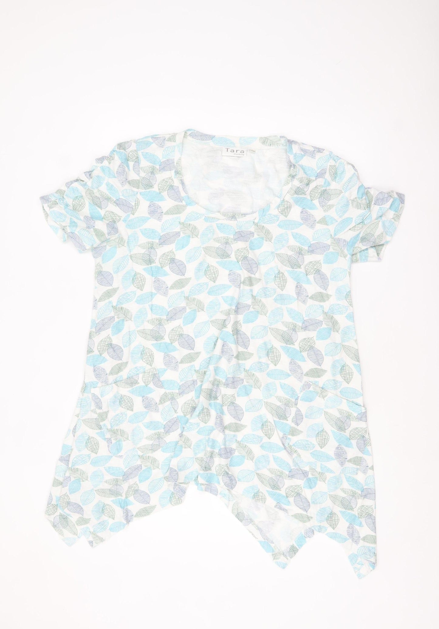 Tara Women Blue Leaf Print Cotton Tunic T-Shirt Size M