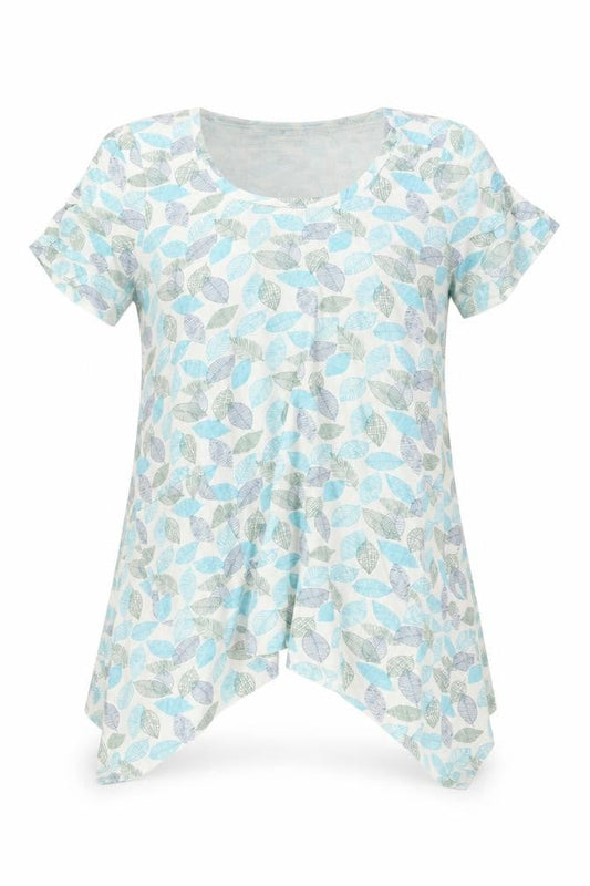 Tara Women Blue Leaf Print Cotton Tunic T-Shirt Size M