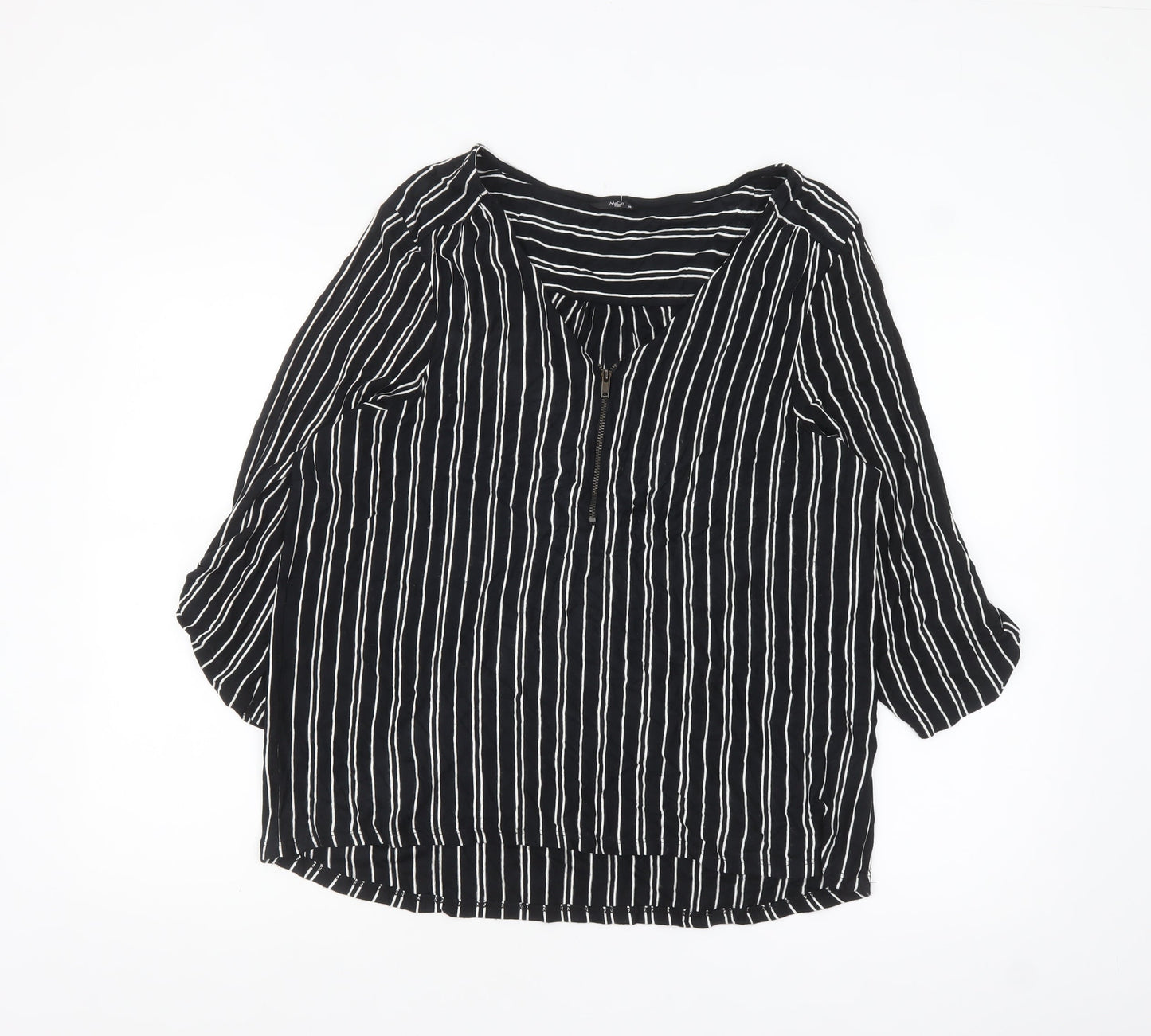 M&Co Women’s Black Striped Petite 3/4 Sleeve Zip Tunic Blouse Size 18