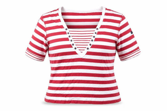 Batela Women Red White Striped V-Neck T-Shirt Size 14