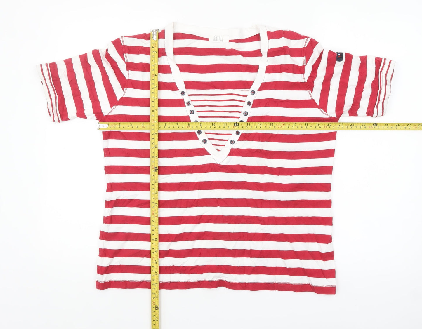 Batela Women Red White Striped V-Neck T-Shirt Size 14